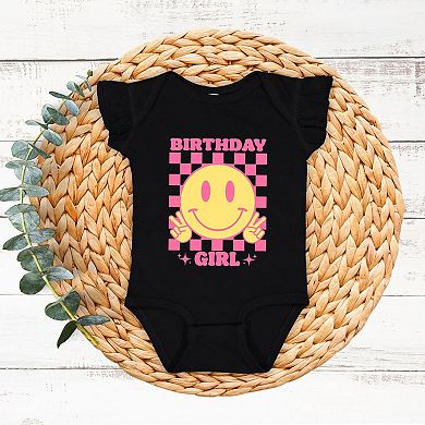 Birthday Girl Checkered Baby Flutter Sleeve Bodysuit
