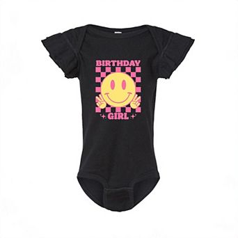 Birthday Girl Checkered Baby Flutter Sleeve Bodysuit