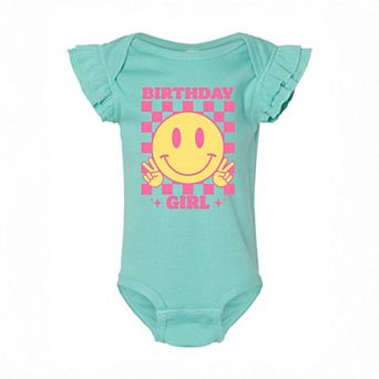 Birthday Girl Checkered Baby Flutter Sleeve Bodysuit