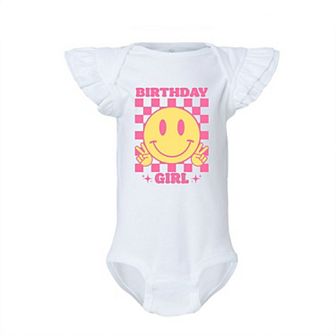 Birthday Girl Checkered Baby Flutter Sleeve Bodysuit