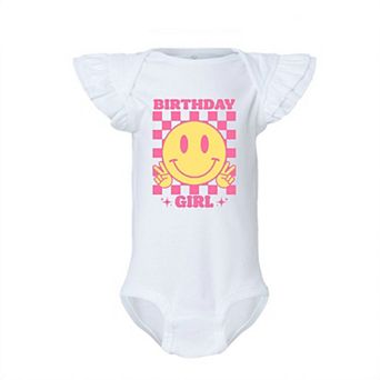 Birthday Girl Checkered Baby Flutter Sleeve Bodysuit