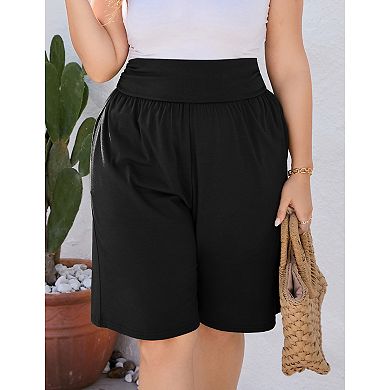 Women's Plus Size High Waist Solid Shorts Loose Wide Leg with Pockets