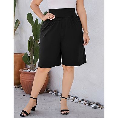 Women's Plus Size High Waist Solid Shorts Loose Wide Leg with Pockets