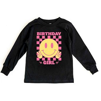 Birthday Girl Checkered Toddler Long Sleeve Graphic Tee