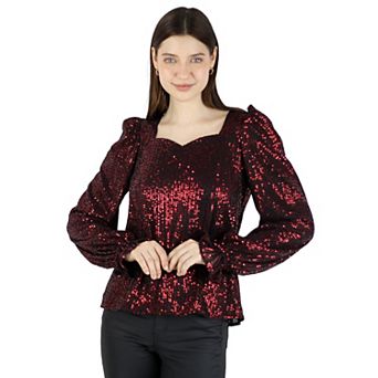 Women's Sequin Party Cocktail Club Long Sleeve Sparkle Sweetheart Neck Blouse Tops