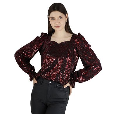 Women's Sequin Party Cocktail Club Long Sleeve Sparkle Sweetheart Neck Blouse Tops