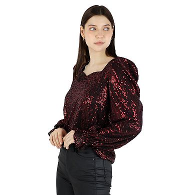 Women's Sequin Party Cocktail Club Long Sleeve Sparkle Sweetheart Neck Blouse Tops