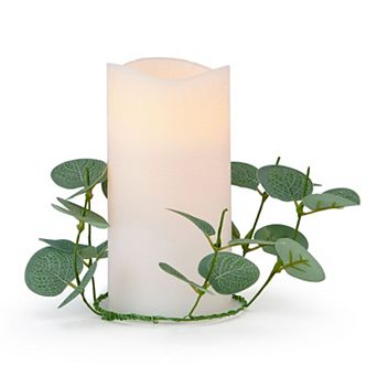 Mikasa LED Wax Pillar Candle with Faux Eucalyptus Candle Ring