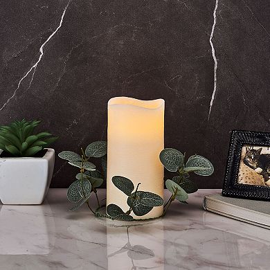 Mikasa LED Wax Pillar Candle with Faux Eucalyptus Candle Ring