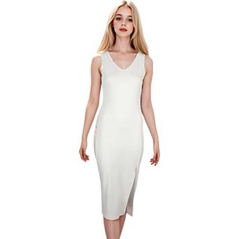 Women's Summer Sleeveless Round Neck Ribbed Side Slit Bodycon Midi Dresses