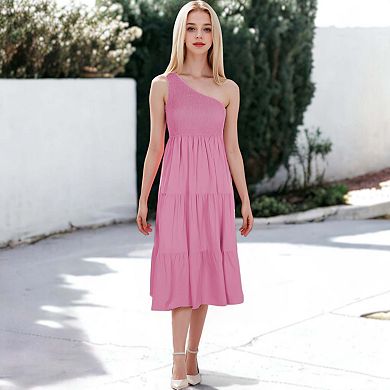 Women's Boho Summer One Shoulder Sleeveless Smocked Flowy Tiered Beach Party Maxi Dress