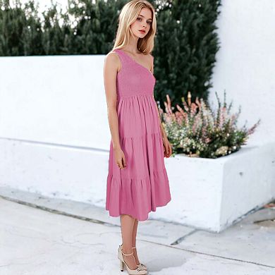 Women's Boho Summer One Shoulder Sleeveless Smocked Flowy Tiered Beach Party Maxi Dress