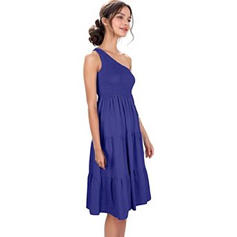 Women's Boho Summer One Shoulder Sleeveless Smocked Flowy Tiered Beach Party Maxi Dress