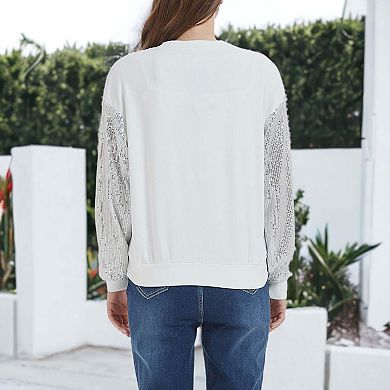 Women's Sparkle Sequin Tops Sweatshirt Long Lantern Sleeve Pullover