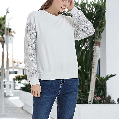 Women's Sparkle Sequin Tops Sweatshirt Long Lantern Sleeve Pullover