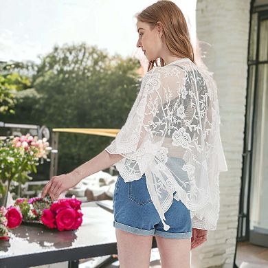 Women's Short Embroidered Lace Kimono Crop Cardigan