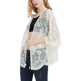 Women's Short Embroidered Lace Kimono Crop Cardigan