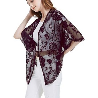 Women's Short Embroidered Lace Kimono Crop Cardigan