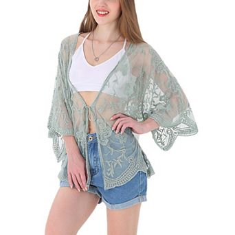 Women's Short Embroidered Lace Kimono Crop Cardigan
