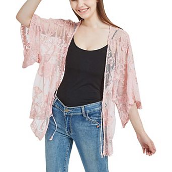 Women's Short Embroidered Lace Kimono Crop Cardigan