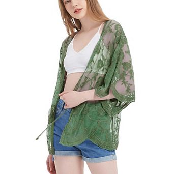 Women's Short Embroidered Lace Kimono Crop Cardigan