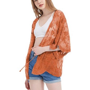 Women's Short Embroidered Lace Kimono Crop Cardigan