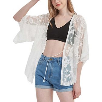Women's Short Embroidered Lace Kimono Crop Cardigan