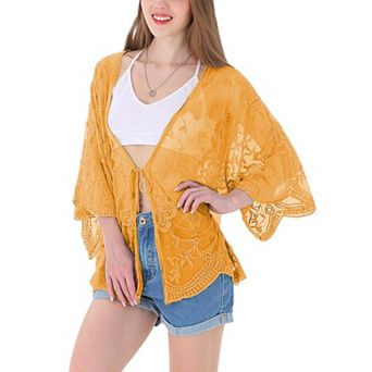 Women's Short Embroidered Lace Kimono Crop Cardigan