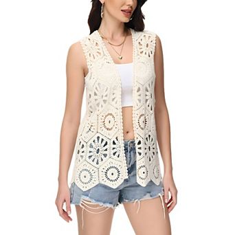 Women's Floral Crochet Cardigan Lace Trim Sleeveless Open Front Vest