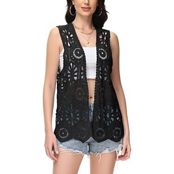Women's Floral Crochet Cardigan Lace Trim Sleeveless Open Front Vest