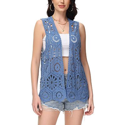 Women s Floral Crochet Cardigan Lace Trim Sleeveless Open Front Vest