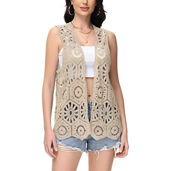 Women's Floral Crochet Cardigan Lace Trim Sleeveless Open Front Vest
