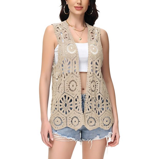 Women's Floral Crochet Cardigan Lace Trim Sleeveless Open Front Vest
