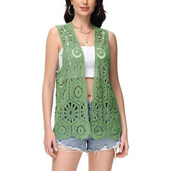 Women's Floral Crochet Cardigan Lace Trim Sleeveless Open Front Vest