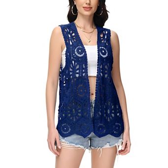 Women's Floral Crochet Cardigan Lace Trim Sleeveless Open Front Vest