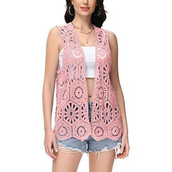 Women's Floral Crochet Cardigan Lace Trim Sleeveless Open Front Vest