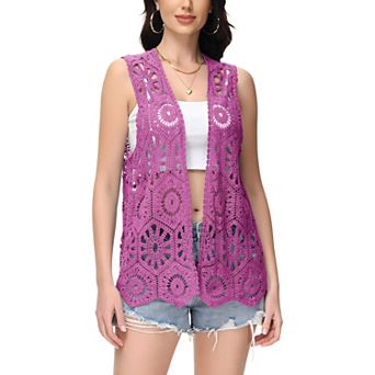 Women's Floral Crochet Cardigan Lace Trim Sleeveless Open Front Vest