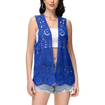 Women's Floral Crochet Cardigan Lace Trim Sleeveless Open Front Vest