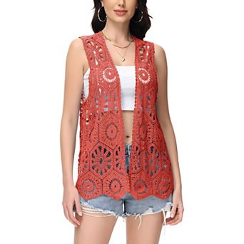 Women's Floral Crochet Cardigan Lace Trim Sleeveless Open Front Vest