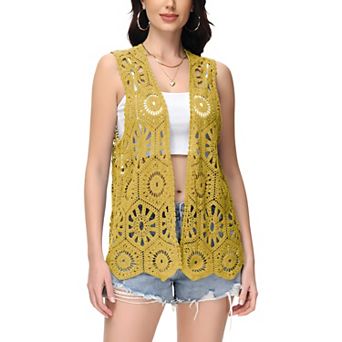 Women's Floral Crochet Cardigan Lace Trim Sleeveless Open Front Vest
