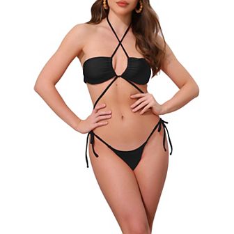 Women's 3 pc Bikini Set O Ring Cinched Strapless Swimsuits Sarong Beach Skirt
