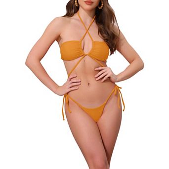 Women's 3 pc Bikini Set O Ring Cinched Strapless Swimsuits Sarong Beach Skirt