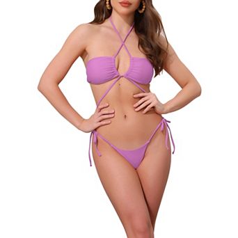 Women's 3 pc Bikini Set O Ring Cinched Strapless Swimsuits Sarong Beach Skirt