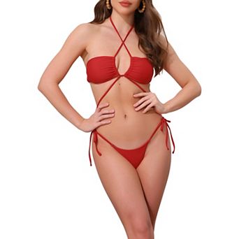 Women's 3 pc Bikini Set O Ring Cinched Strapless Swimsuits Sarong Beach Skirt