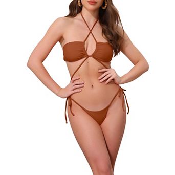 Women's 3 pc Bikini Set O Ring Cinched Strapless Swimsuits Sarong Beach Skirt