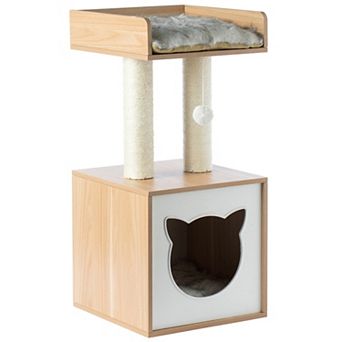 Cat Tree Play House Condo Cube Cave, Platform, Scratcher Post and Ball Toy