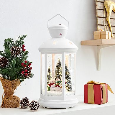 Tabletop Christmas Holiday Winter Scene Falling Snow Music Snowglobe Diorama Lit Lantern - White