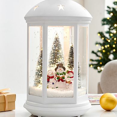 Tabletop Christmas Holiday Winter Scene Falling Snow Music Snowglobe Diorama Lit Lantern - White