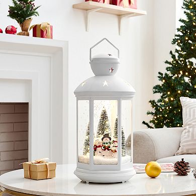 Tabletop Christmas Holiday Winter Scene Falling Snow Music Snowglobe Diorama Lit Lantern - White