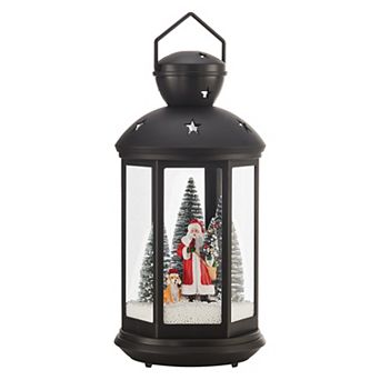Tabletop Christmas Holiday Winter Scene Falling Snow Music Snowglobe Diorama Lit Lantern - White